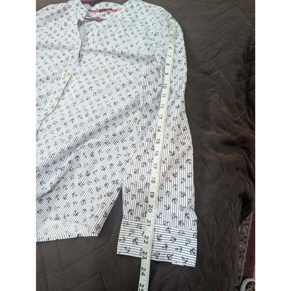 Women's vertical pinstripe w/anchor print cotton button up Henley neckline top - Picture 12 of 13